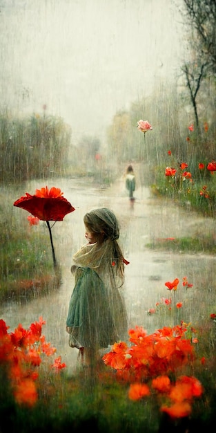 Little girl standing in the rain with an umbrella