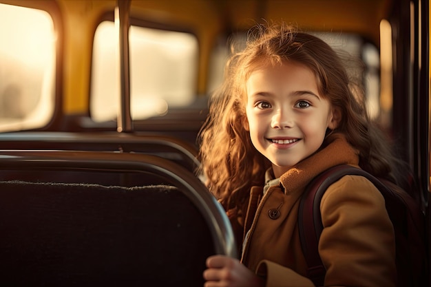 little girl standing in a school bus