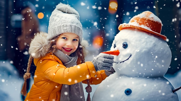 Little girl standing next to snowman with carrot in it's mouth Generative AI