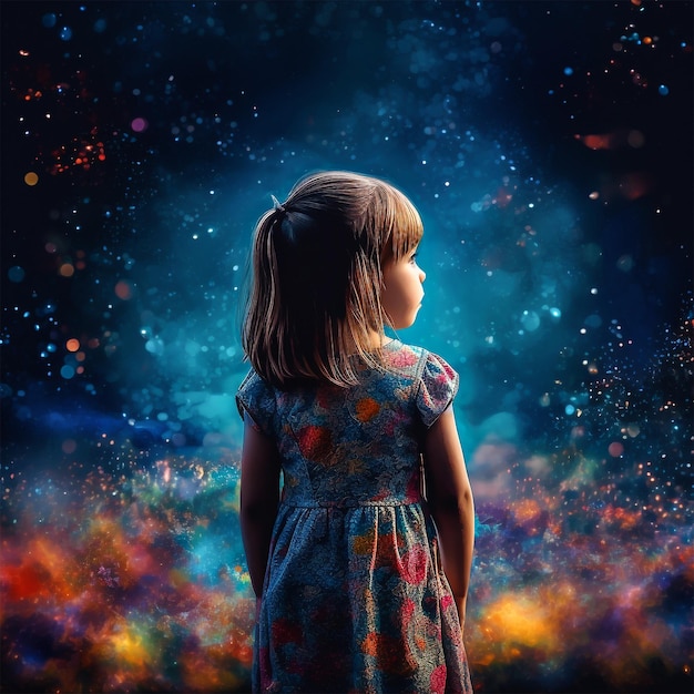 A little girl stands in front of a black background with a blue background