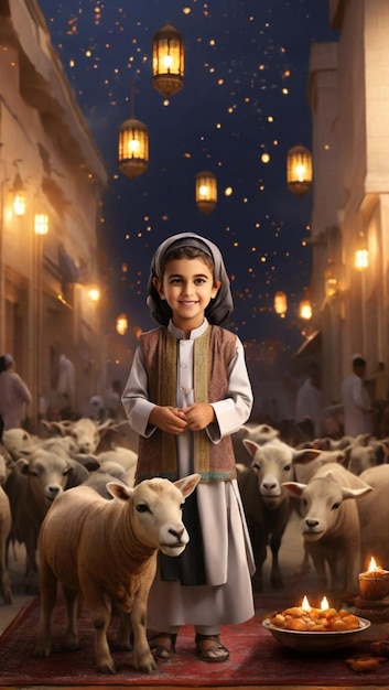 a little girl stands in front of a herd of sheep