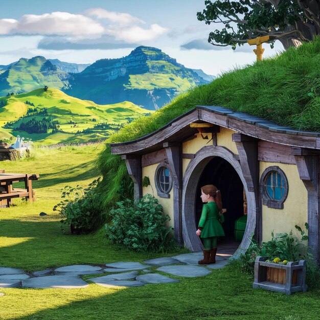 Photo a little girl stands in front of a hut with a mountain in the background