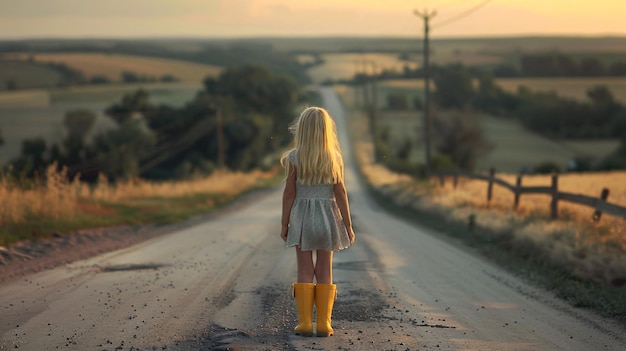 a little girl stands on a road with her back to the camera