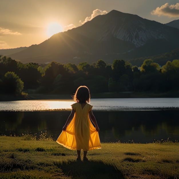 Photo a little girl stands on the shore of a lake with the sun setting behind her