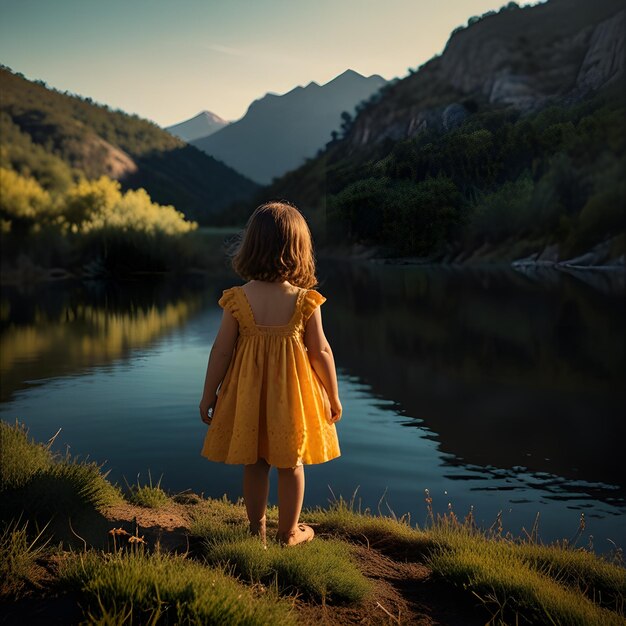 Photo a little girl stands on the shore of a lake with the sun setting behind her