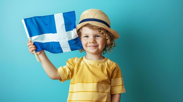 Photo a little girl in a straw hat holds a flag