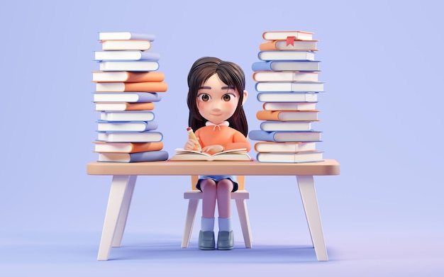 Little girl study hard learning at desk 3d rendering