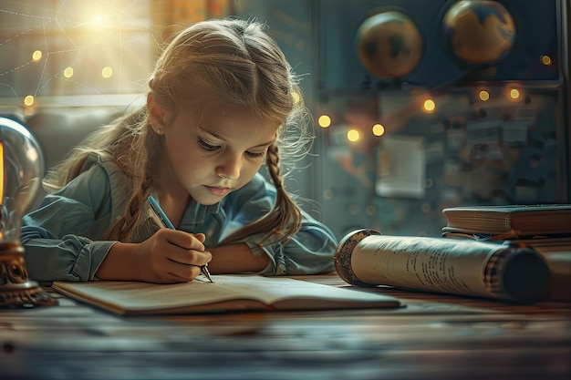 Photo little girl studying concentrated