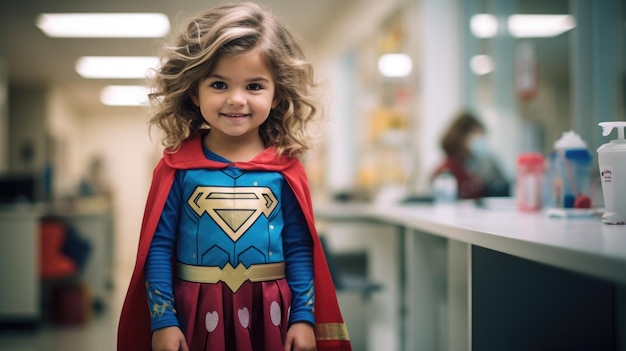 Little girl in a superhero costume in a hospital Created with Generative AI technology