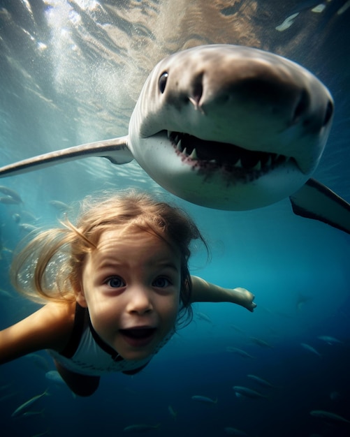 a little girl swimming under a shark in the ocean