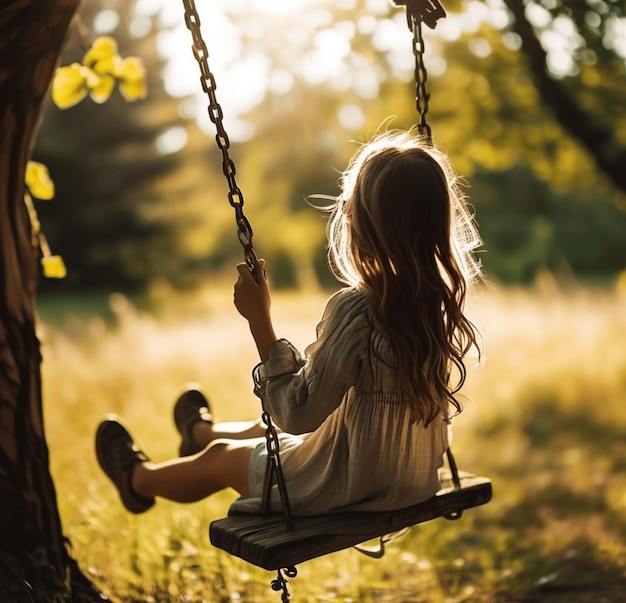 Photo a little girl on a swing with the sun behind her