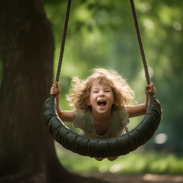 A little girl on a swing with the word swing on it