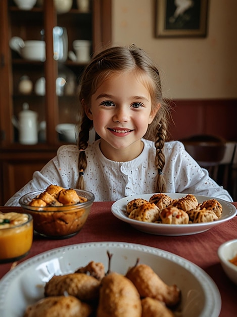 Little girl at thanksgiving table full of food