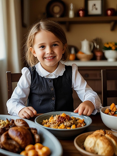 Little girl at thanksgiving table full of food