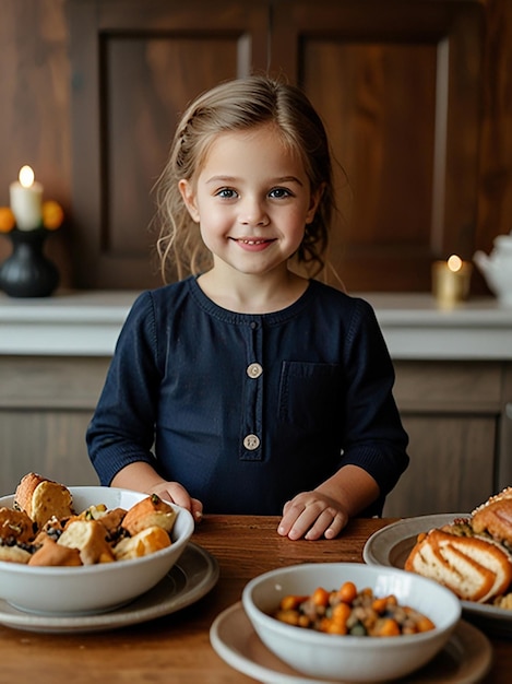 Little girl at thanksgiving table full of food