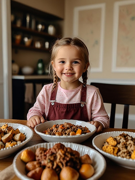 Little girl at thanksgiving table full of food