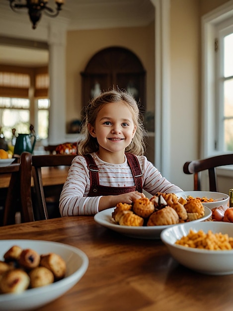 Little girl at thanksgiving table full of food