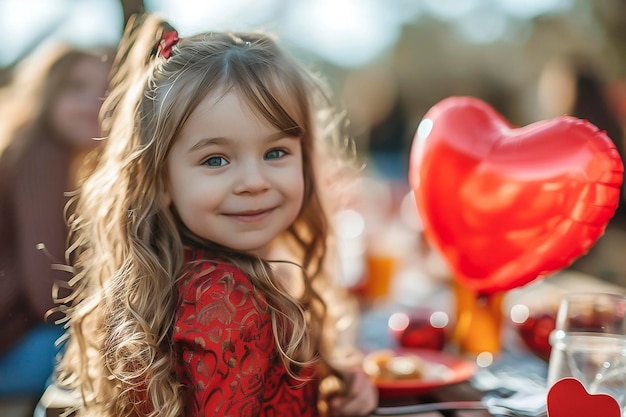 Little girl that is sitting at a table with a heart balloon