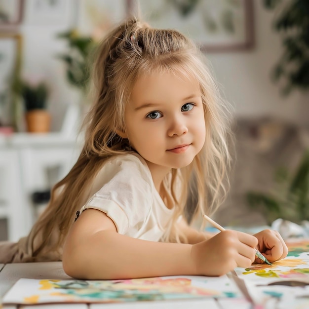 Little girl that is sitting at a table with a pencil