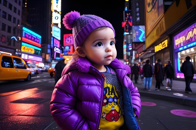 Little girl in Times Square at night in New York City