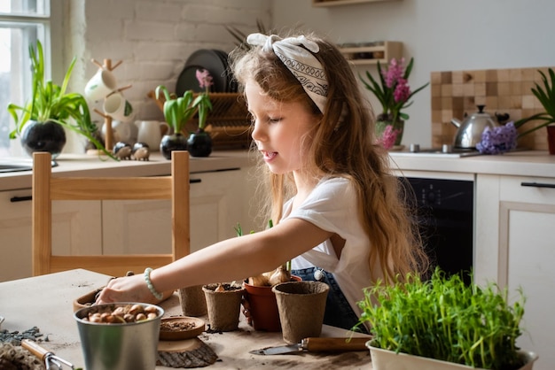 Little girl transplants flowers and houseplants a child in a bandana plants bulbs and microgreens