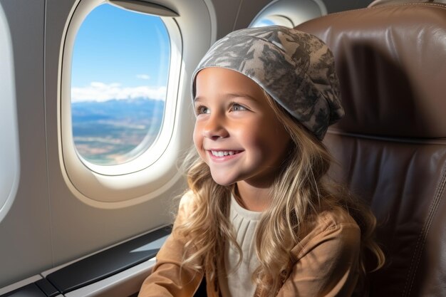 Little girl traveling by airplane looking out of window with family on summer vacation