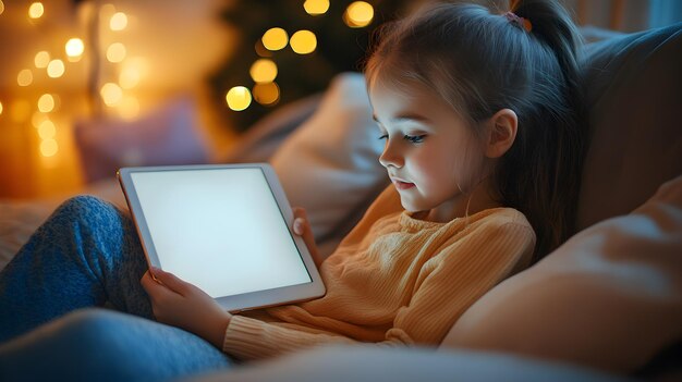 Photo little girl using a tablet computer while sitting on a couch with warm lights in the background