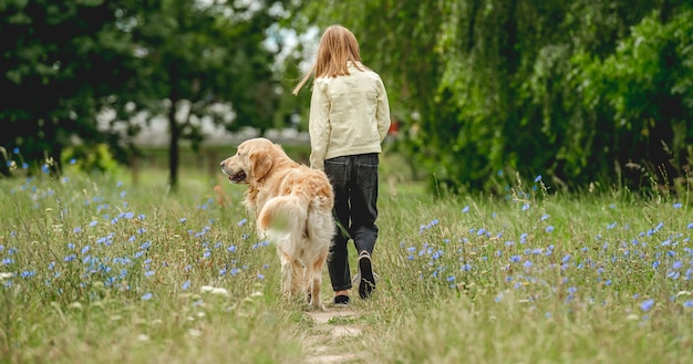 Little girl walking dog on meadow