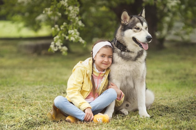 Little girl walking on the park and playing with her pet best friend funny malamute alaskan dog