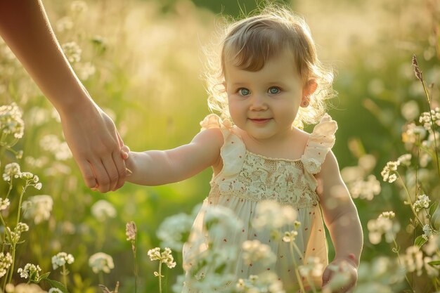 Little Girl Walking Through a Field of Flowers