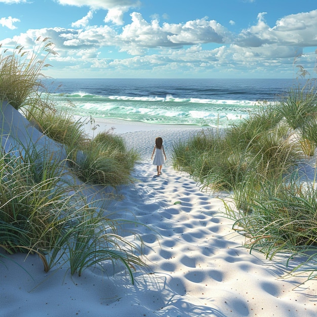 Photo little girl walks along the sandy beach towards the sea back view