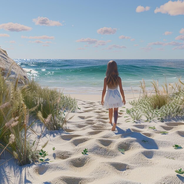 Photo little girl walks along the sandy beach towards the sea back view