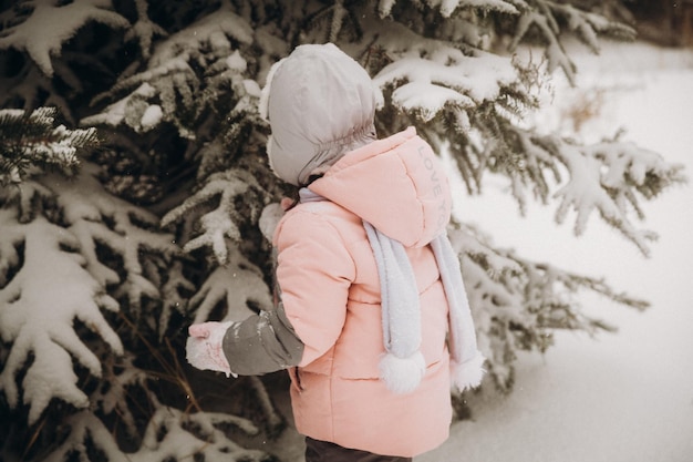 A little girl in warm winter clothes stands near a Christmas tree in the forest on a sunny winter day.