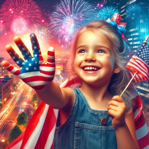 a little girl waving a flag with the words usa independent day