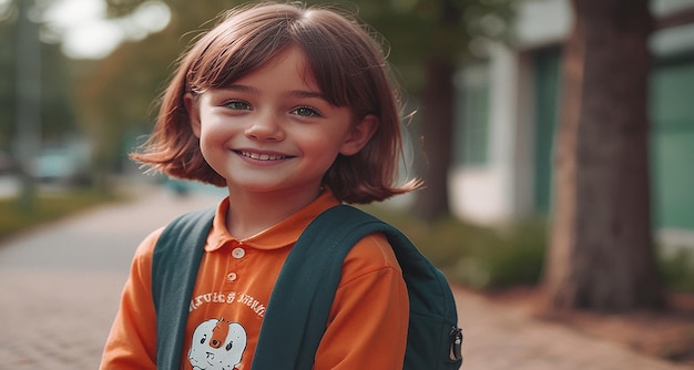 a little girl wearing a backpack with the words quot the word quot on it