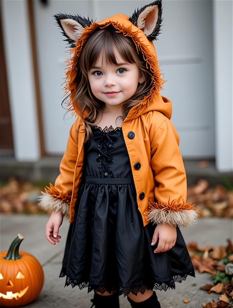 Photo a little girl wearing a black dress and a fur hat with a fur hood