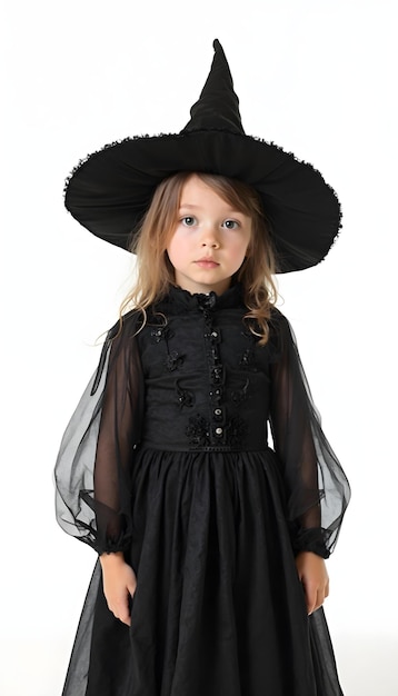 a little girl wearing a black hat with a black hat on it