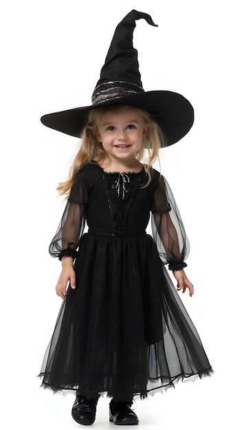 a little girl wearing a black hat with a black hat on it