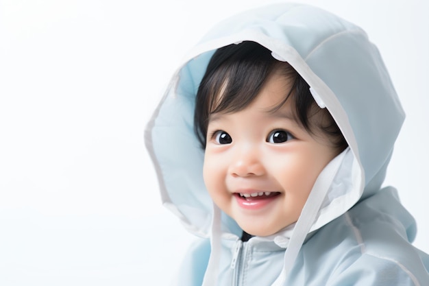 a little girl wearing a blue rain coat