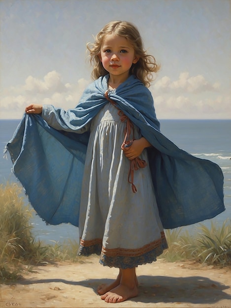 A little girl wearing a blue shawl