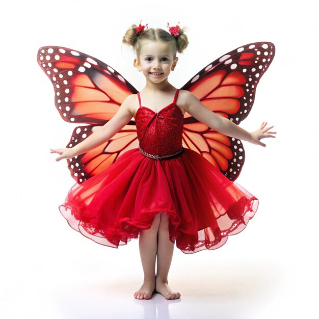 a little girl wearing a butterfly costume with a red butterfly on the front