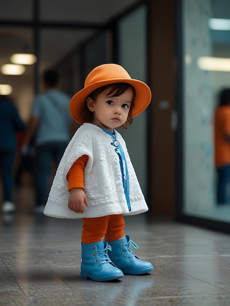 a little girl wearing a dress is walking down the hallway