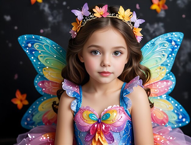 a little girl wearing a fairy costume with a butterfly on her head