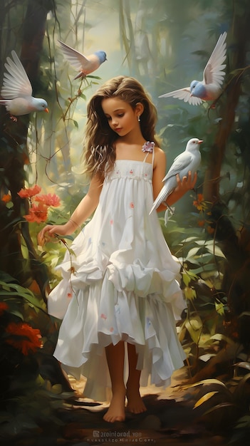 A little girl wearing a floral white dress was walking in the jungle with the fragrance of birds aro