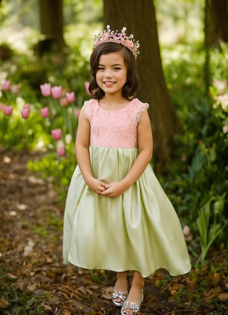 Photo a little girl wearing a flower crown stands in a field of tulips