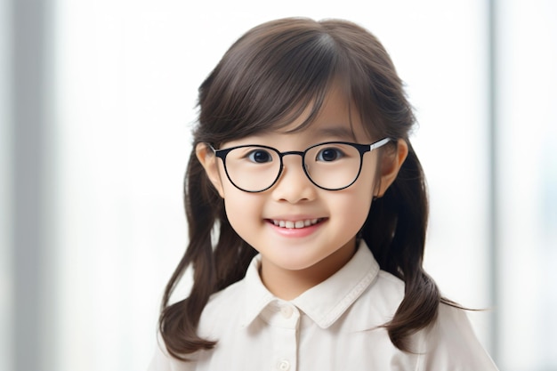 a little girl wearing glasses and a white shirt