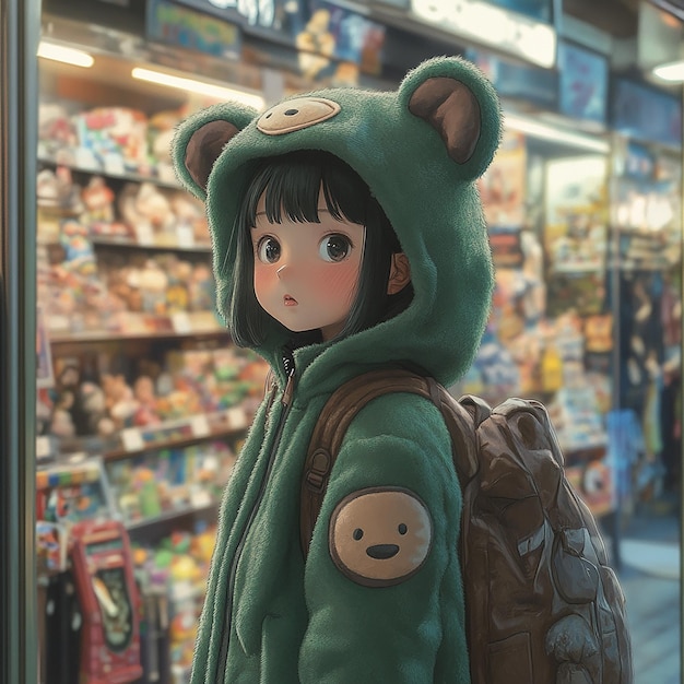 A Little Girl Wearing a Green Plush Hooded Jacket