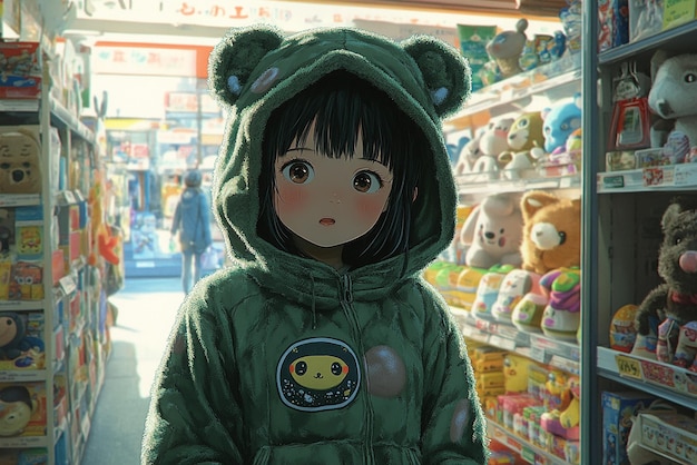 A Little Girl Wearing a Green Plush Hooded Jacket