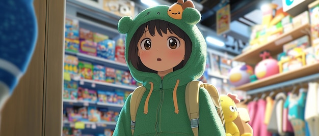 A Little Girl Wearing a Green Plush Hooded Jacket