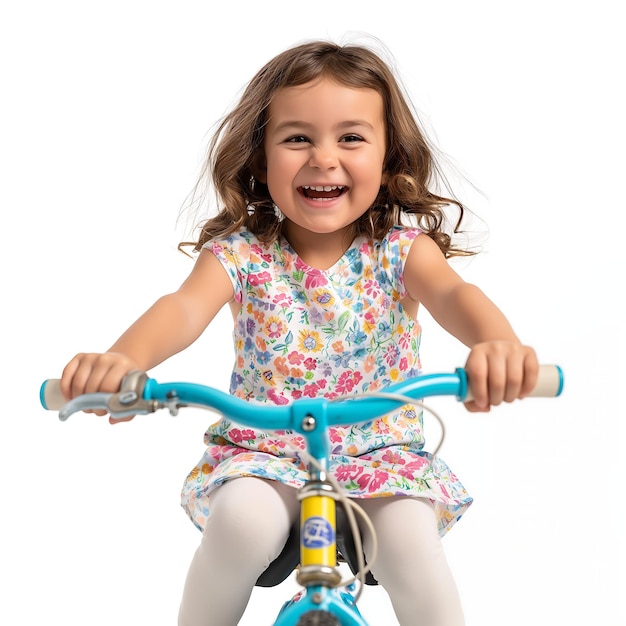 little girl wearing her bright casual outfit smiles widely as she rides her beloved blue bicycle